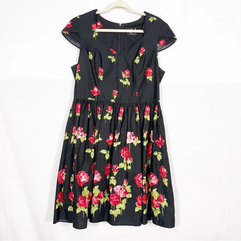 Hell Bunny Antonia Mid Dress Rose Print Floral Fit Flare Retro Pinup Rockabilly - Picture 2 of 16